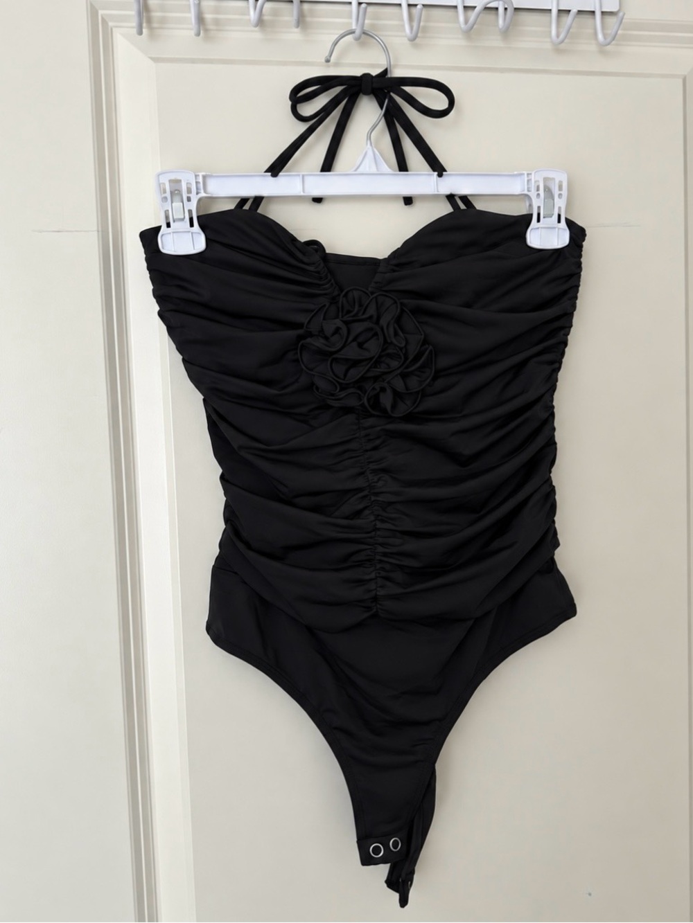 Black Ruched Halter Bodysuit with Rosette Detail